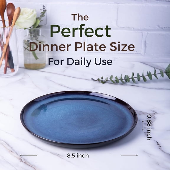 Ceramic Plate Set of 6, 8.5 Inch Reactive Glaze Light Weight Porcelain Salad Plates, Modern Shape Dinnerware Dishes Set for Kitchen, Microwave & Dishwasher & Oven Safe, Resistant-Indigo Blue