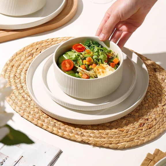 Ceramic Plates and Bowls Sets for 4, 12PCS Stoneware Dinnerware Sets, Reactive Glaze Dish Set, Chip and Scratch Resistant Double, Microwave and Dishwasher Safe,White