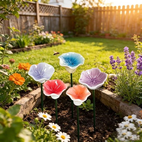 Ceramic Pollinator Watering Station Flower Shaped Outdoor Garden Stake Yard Art for Bees Butterflies 8.7 x 2.0 Inch