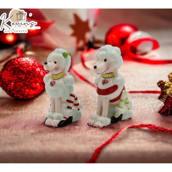 Ceramic Poodle Dogs Christmas Salt and Pepper Shakers