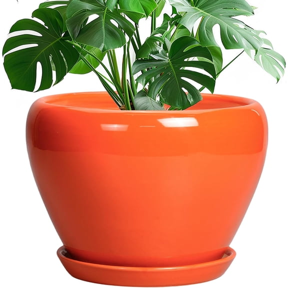 Ceramic Pot for Plants - 10 Inch Plant Pot with Drainage Hole and Saucer, Modern Round Glaze Planter for Indoor Outdoor Plants, Plant Lover Gifts, Home Garden Office Decor, Orange