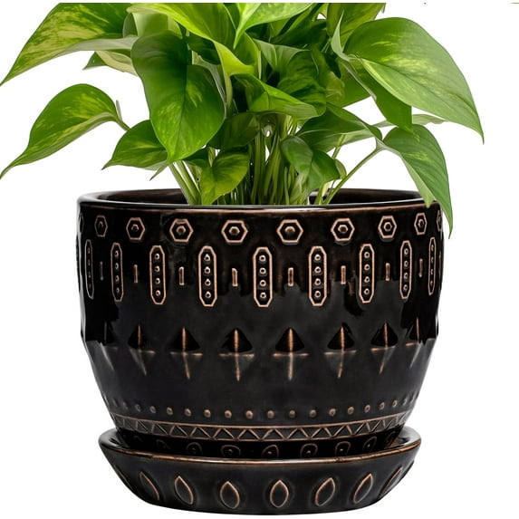 Ceramic Pot for Plants 5.5 Inch - Ceramic Plant Pot Indoor with Drainage Hole and Saucer, Round Planter for Indoor Plants Outdoor, Housewarming Gifts, Garden Office Decor, Black