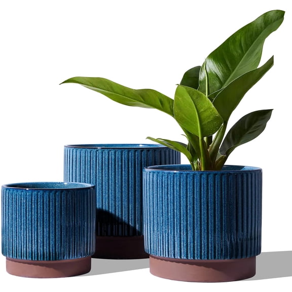 Ceramic Pots For Plants  8+6.7+5.5 Inch Plant Indoor Flower Pot With Drainage Holes Medium Cylinder Planters House Set Of 3 Blue