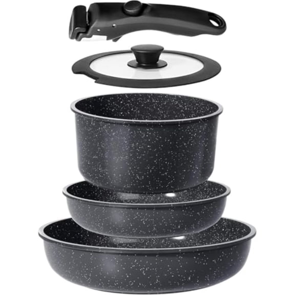 Ceramic Pots and Pans Set Non Stick Nonstick Detachable Handle Cookware Sets Non Toxic Induction Kitchen Pot and Pan with Removable Handle Healthy RV Cookware Dishwasher Oven Safe 5 Piece