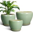 thumbnail image 1 of Ceramic Pots for Plants - 10/8/6 Inch Flowers Planters with Drainage Holes and Saucers for Indoor Outdoor, Decorative Modern Home House Office Room Decor, Set of 3, Green, 1 of 10