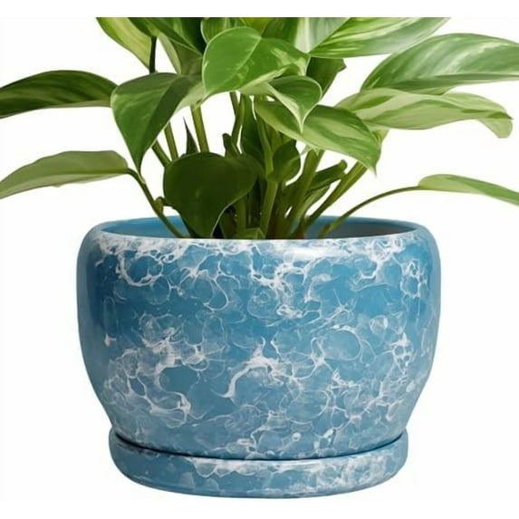 Ceramic Pots for Plants - 8 Inch Ceramic Planter for Indoor Outdoor, Decorative Flower Pot with Drainage Hole and Saucer, Round Planter, Home Living Room Bathroom Decor, Plant Lover Gifts, Blue