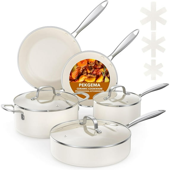 Ceramic Pots and Pans Set, Non Stick Cookware Sets 11 Pcs Non Toxic Cookware, Induction Cooking Pan Set, Cream White
