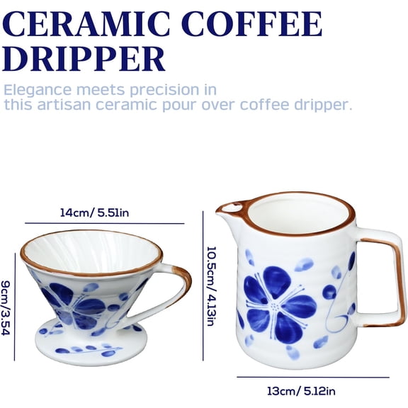 Ceramic Pour Over Coffee Dripper Set, Porcelain Pourover Coffee Dripper for 1–4 Cups, V60 (White & Blue)