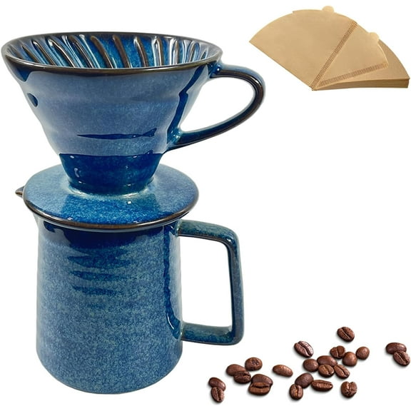 Ceramic Pour Over Coffee Maker Set, Starry Blue Coffee Dripper Cone with 40 Filters, 14 Ounces/400ml Pot