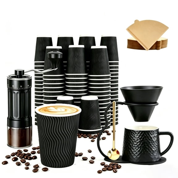 Ceramic Pour Over Coffee Set with Manual Burr Grinder & 100 Disposable Cups – Complete 9oz Single-Serve Brewing Bundle