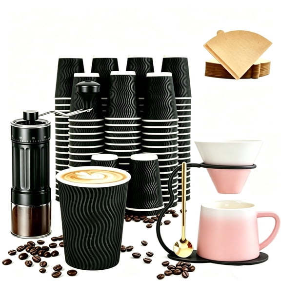 Ceramic Pour Over Coffee Set with Manual Burr Grinder & 100 Disposable Cups – Complete 9oz Single-Serve Brewing Bundle