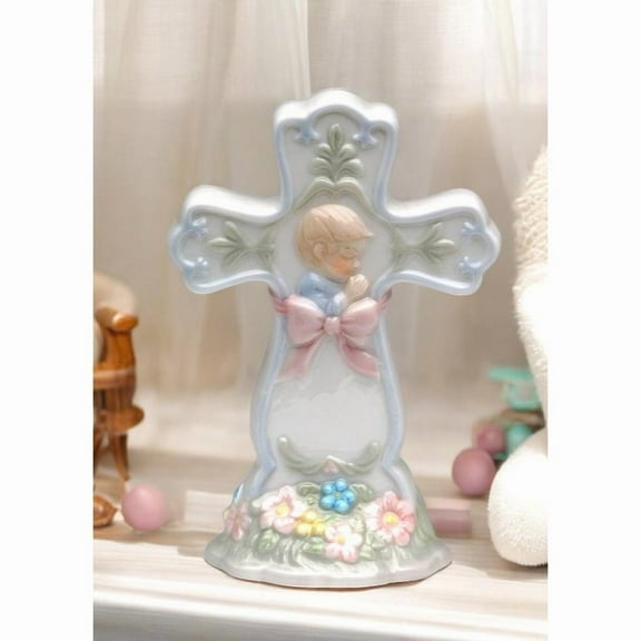 Ceramic Praying Boy Cross Figurine, Religious Gift or Decor, Baptism Gift, Nursery Room Decor