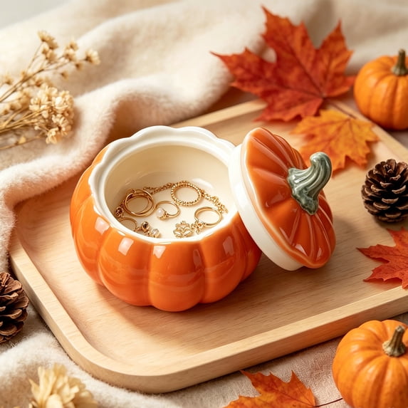 Ceramic Pumpkin Candle Holder, Lidded Trinket Storage Jar for Thanksgiving Table Decor, Fall Harvest Mantel Centerpiece and Home Accent, Orange