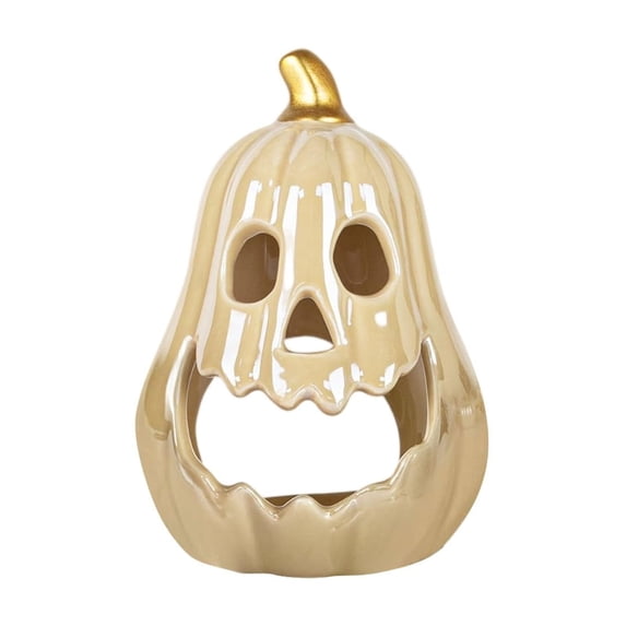 Ceramic Pumpkin Candle Holder for Halloween Decor, Gold Stem Jack O'Lantern, Tabletop Ornament, Fall Decoration, Indoor Holiday Accent