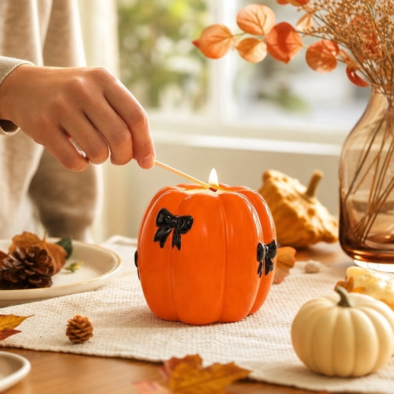 Ceramic Pumpkin Candle Holder with Bow for Taper and Tealights Fall Table Centerpiece Decor