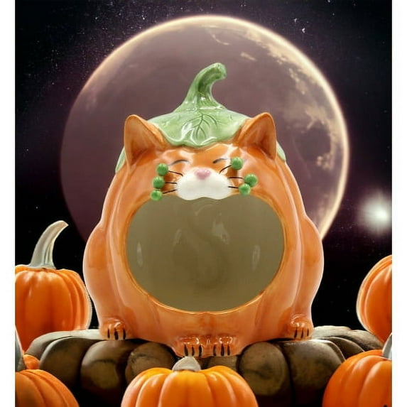 Ceramic Pumpkin Cat Candy Bowl Key Holder 6.5in Fall Halloween Gift