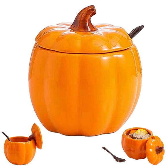 Ceramic Pumpkin Condiment Jar Multi Purpose Heat Resistant Stew Bowl with Spoon, Fall Kitchen Storage Container, 13.5 Oz