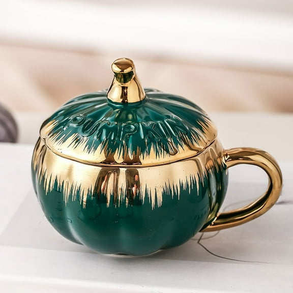 Ceramic Pumpkin Cup with Lid and Spoon 300ML Electroplated Mug European Style Cute Halloween Gift for Coffee Tea Breakfast Multiple Colors