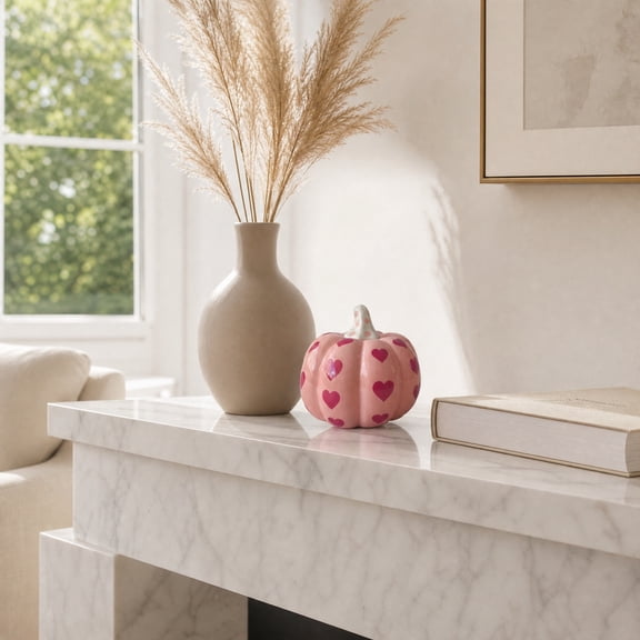 Ceramic Pumpkin Decor, Heart Pattern Fall Tabletop Ornament with Glazed Finish Layered Display Design, for Tiered Tray Mantel Shelf Wedding Autumn Home Decoration