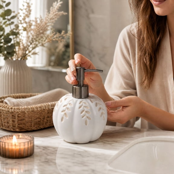 Ceramic Pumpkin Dispenser with Embossed Leaf Detailing, Refillable Lotion Pump Bottle for Bathroom, Festive Halloween Display