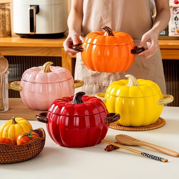 Ceramic Pumpkin Dutch Oven Pot Set 50 oz Orange Casserole Dish with Lid for Baking, Stewing, Serving & Fall Decor