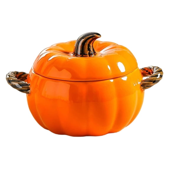 Ceramic Pumpkin Dutch Oven Soup Bowl With Lid, Oven Safe Cooking Pot For Thanksgiving Halloween, Orange Medium Size Casserole For Home Kitchen