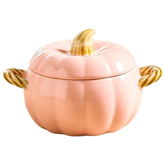 Ceramic Pumpkin Dutch Oven Soup Bowl With Lid, Oven Safe Cooking Pot For Thanksgiving Halloween, Pink Small Size Casserole For Home Kitchen
