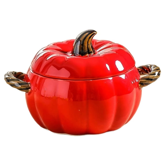 Ceramic Pumpkin Dutch Oven Soup Bowl With Lid, Oven Safe Cooking Pot For Thanksgiving Halloween, Red Small Size Casserole For Home Kitchen