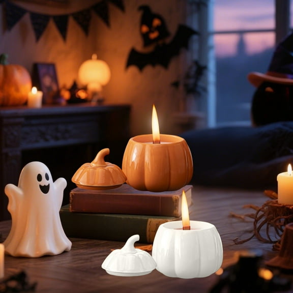 Ceramic Pumpkin Jar with Lid, Multipurpose Tea Canister Candy Bowl Snack Container & Candlestick, Decorative Holder for Thanksgiving Halloween Party Kitchen Table Decor, White
