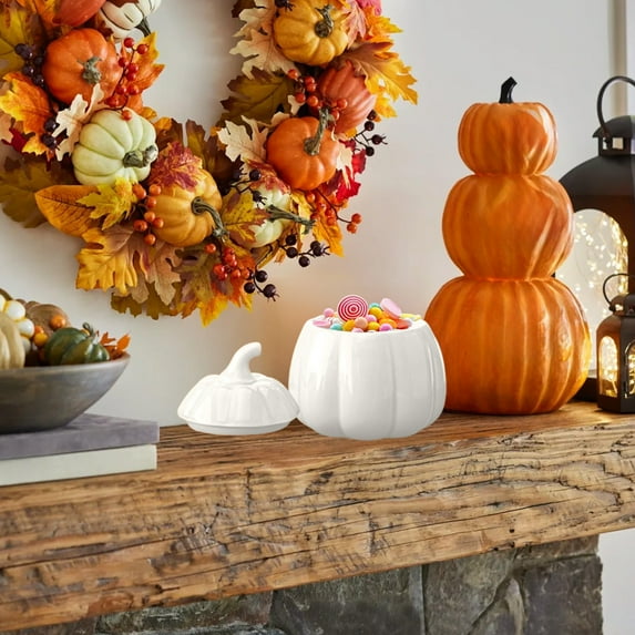 Ceramic Pumpkin Jar with Lid Halloween Thanksgiving Candy Container Canister - Tea Storage Snack Bowl Tabletop Decor(White)