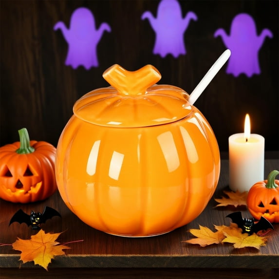Ceramic Pumpkin Jar with Lid and Spoon, Airtight Food Storage Container for Kitchen Pantry, Halloween Thanksgiving Fall Decor