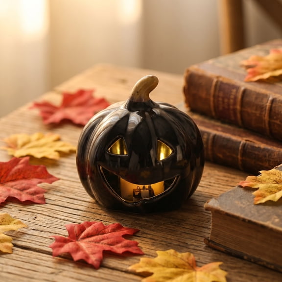 Ceramic Pumpkin Lantern Light, 2.8x2.8x2.7 Inch Glowing Hollow Pumpkin, LED Tabletop Decor for Fall Thanksgiving Home Party