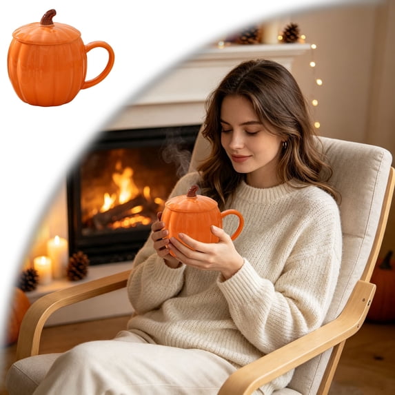 Ceramic Pumpkin Mug with Lid, 14oz Coffee Mug for Fall & Autumn, Cute Coffee Cup for Tea and Hot Cocoa, Microwave Safe Novelty Gift for Women, Friends, and Family