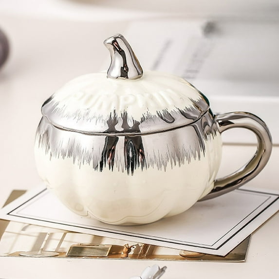 Ceramic Pumpkin Mug with Lid and Spoon Electroplated European Style Cup - Cute Breakfast Mug Halloween Gift 300ml Capacity(Silver)