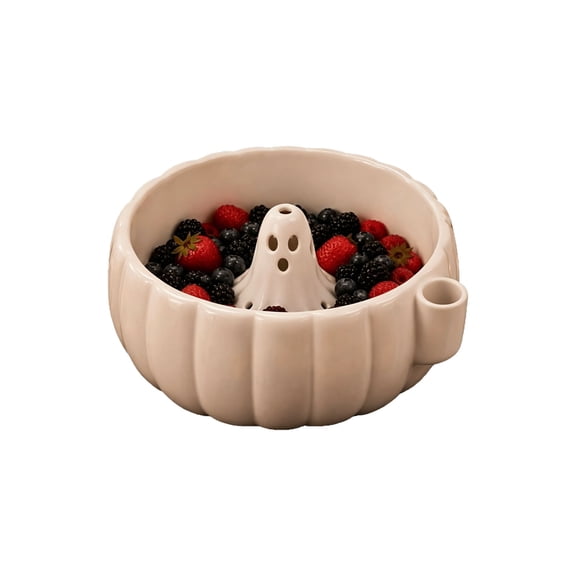 Ceramic Pumpkin Shaped Serving Bowl with Cute Ghost Center Ornament Festive Halloween Decor Fruit Snack Display Bowl for Dining Table Kitchen Party Centerpiece(White-17x17x10cm)