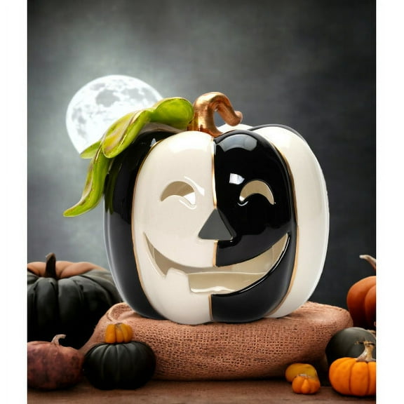Ceramic Pumpkin Tealight Holder Black and White 5in Halloween Gift