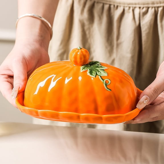 Ceramic Pumpkin with Lid - Halloween Thanksgiving Fall Decorative Covered Orange Pumpkin Jar for Kitchen Countertop