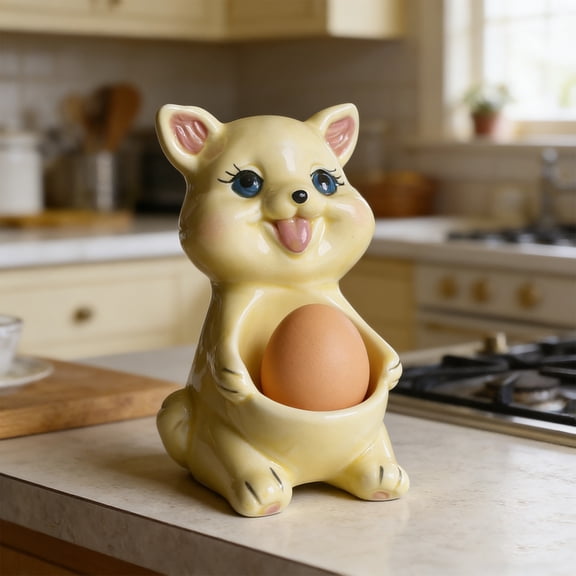 Ceramic Puppy Egg Holder Tray Cup and Bowl Set for Easter Eggs, Cute Minimalist White Yellow Dog Figurine Home Decor and Holiday Tabletop Decoration