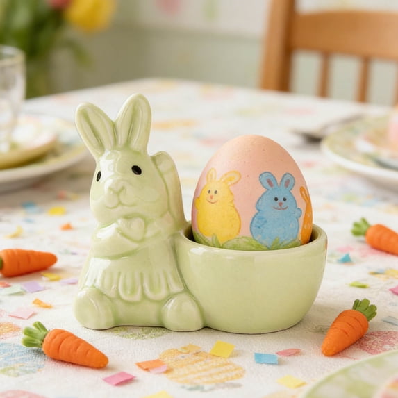 Ceramic Rabbit Egg Holder Stand - Bunny Egg Cup for Soft Boiled Eggs, Easter Egg Display Stand & Vintage Decoration for Tabletop, Party, and Kitchen Decor