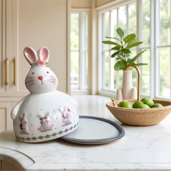 Ceramic Rabbit-Shaped Butter Dish with Lid - Adorable 3D Bunny Design for Kitchen Countertop - Durable and Easy to Clean - Perfect Gift for Easter, Weddings, and Housewarmings