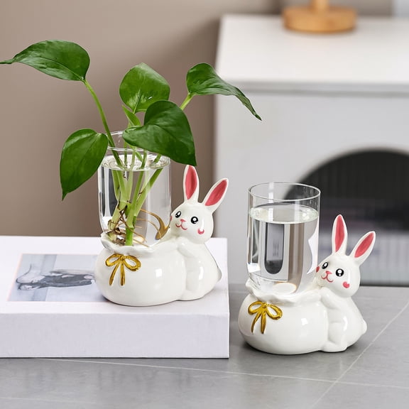 Ceramic Rabbit Shaped Vase, White Desktop Glass Planter Container, Imaginative Hydroponic Vase for Flowers, Easter Home Decor Accent, 4.44x3.74x2.75 Inches