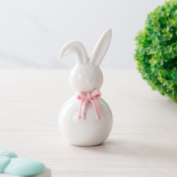 Ceramic Rabbits With Bow Easter Home Decor And Holiday Decorations - Ceramic Bunny Figurine with Bow for Easter Table Setting and Home Decor, Suitable for Living Room or Dining Table Display