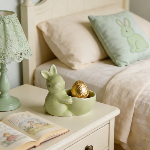 Ceramic Rabbits Egg Cups, Durable Egg Holders for Soft Boiled Eggs, Decorative Easter Bunny Egg Stand, Kitchen Dining Table Holiday Accent, Functional Easter Tableware Decor, 3.5*2*2.9in, Green