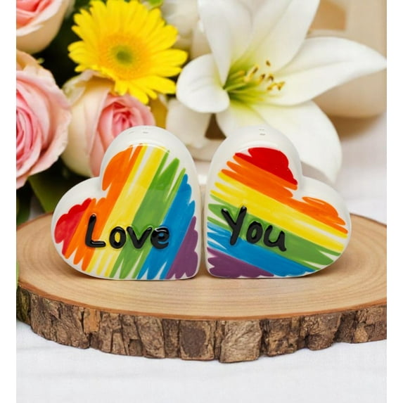 Ceramic Rainbow Hearts Salt and Pepper Shakers, Kitchen Decor, Pride Month Decor