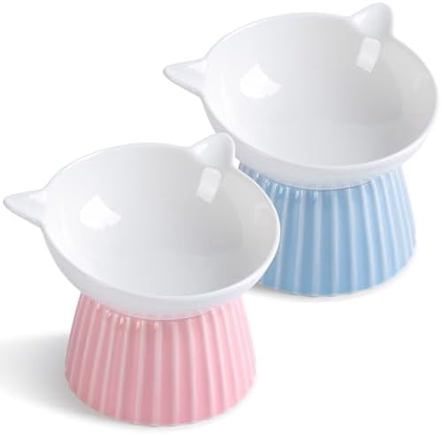 Ceramic Raised Cat Bowl，Tilted Raised Bowl Anti Vomit Bowls for Indoor Cats Whisker Friendly Pet Feeder for Cats Puppies, Microwave and Dishwasher Safe Pink+Blue