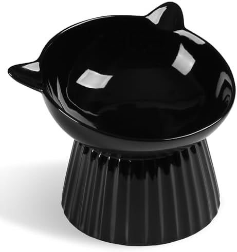 Ceramic Raised Cat Bowl，Tilted Raised Bowl Anti Vomit for Indoor Cats Whisker Friendly Pet Feeder for Cats Puppies, Microwave and Dishwasher Safe (Black)