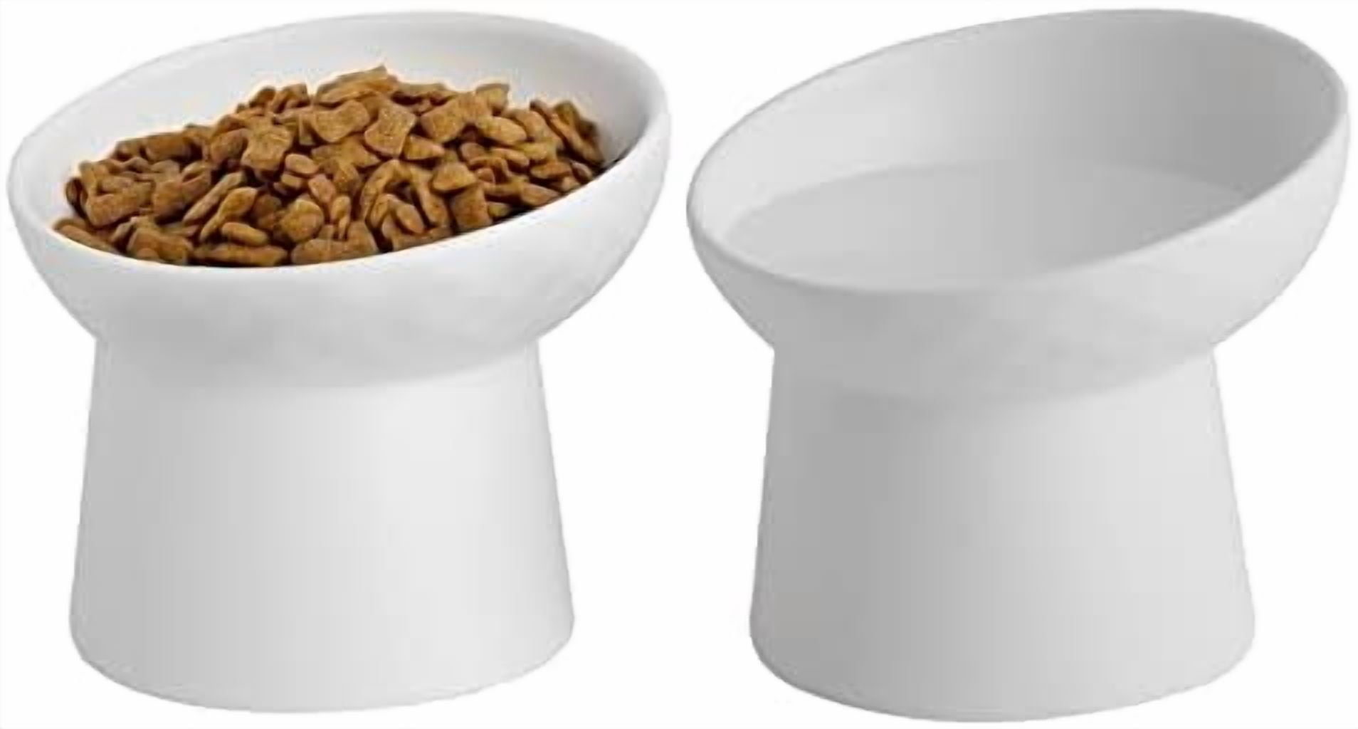 Ceramic Raised Cat Bowls, Elevated Tilted Cat Food and Water Bowls Set, Porcelain Stress Free Pet Feeder Dish for Cats and Small Dogs, Dishwasher and Microwave Safe, Set of 2(White)