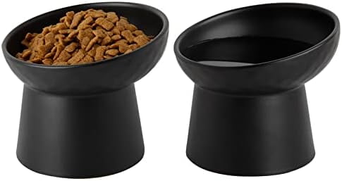 Ceramic Raised Cat Bowls, Elevated Tilted Cat Food and Water Bowls Set, Porcelain Stress Free Pet Feeder Dish for Cats and Small Dogs, Dishwasher and Microwave Safe, Set of 2(Black)