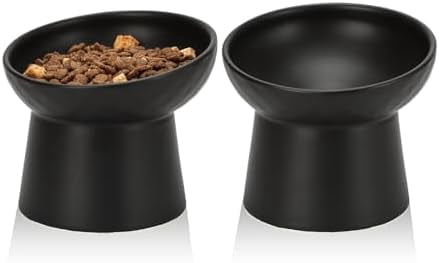 Ceramic Raised Cat Bowls, Elevated Tilted Cat Food and Water Bowls Set, Stress Free Pet Feeding Dish for Indoor Cats and Small Dogs, Anti Vomiting, Black, 2 Pack