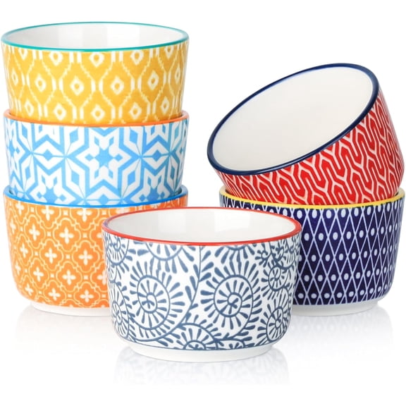 Ceramic Ramekins 4 Oz, Creme Brulee Ramekins Oven Safe, Souffle Custard Dishes/Cups for Baking, Mini Bowls for Pudding Ice Cream Dip, Set of 6, Assorted Colors
